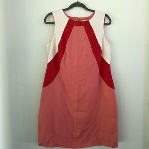 Boden Cotton Linen Colorblock Shift Dress Pink Red White Bow Neckline Retro 10 R